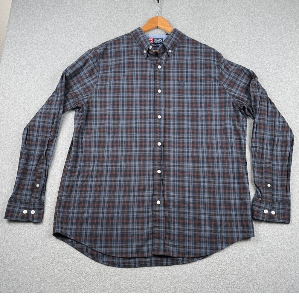Chaps Shirt Mens XL Stretch Blue Plaid Button-down CM35LW900 Long Sleeve